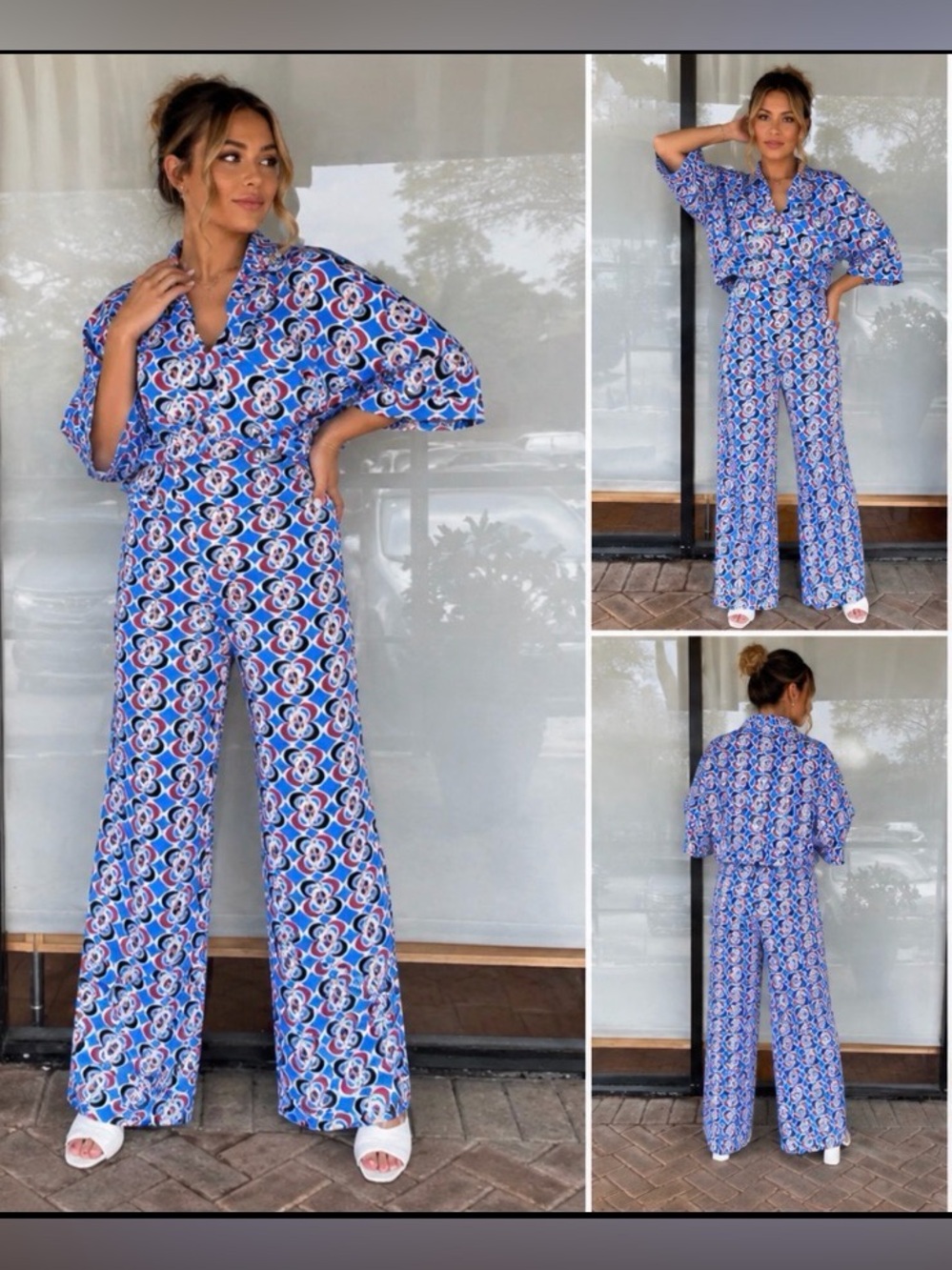 Zara Linen blend geometric print pants and shirt